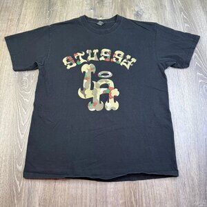 Vintage 90s Stussy LA Tee Black T Shirt Camo Spellout Size L Large Grunge Skater